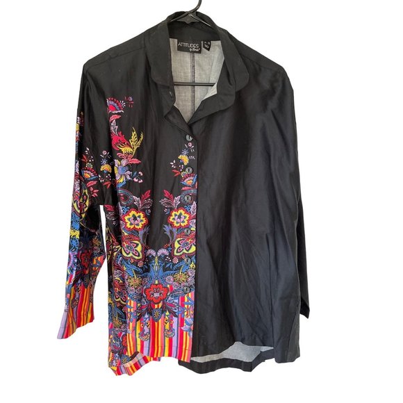 Attitudes by Renee Button Front Shirt Womens 12 Printed Panel One Side Black - Picture 1 of 7